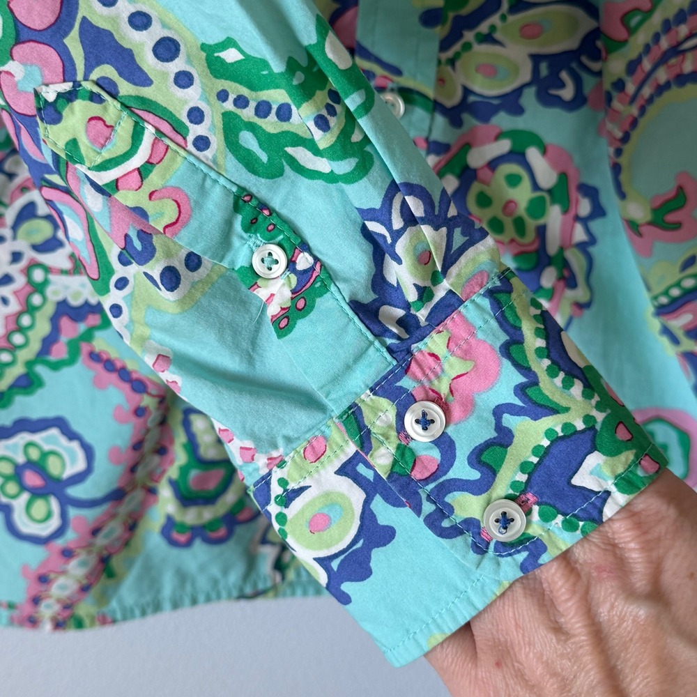 Talbots Button Up Blouse Shirt XS Teal Paisley Long Sleeve 100% Cotton Coastal - Picture 7 of 10